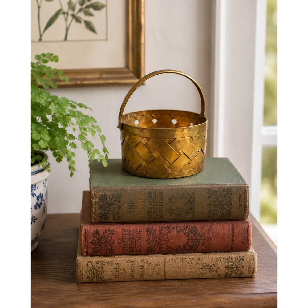 Vintage Miniature Brass Woven Basket 4" Small Handle Trinket Catchall Decor